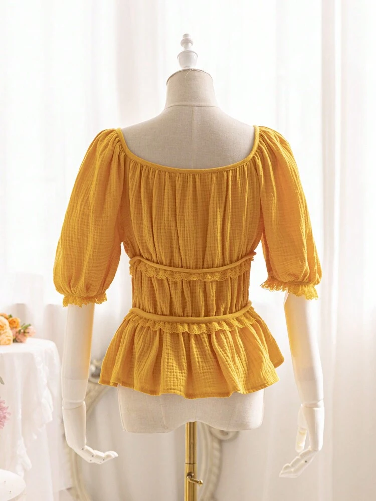 Ladies Vacation Leisure Tie-Sleeve Short Sleeve Lace Splice Shirt