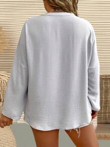 SHEIN LUNE Plus Notched Neckline Roll Tab Sleeve Blouse Fall Cloth For Women - Grey - View 2