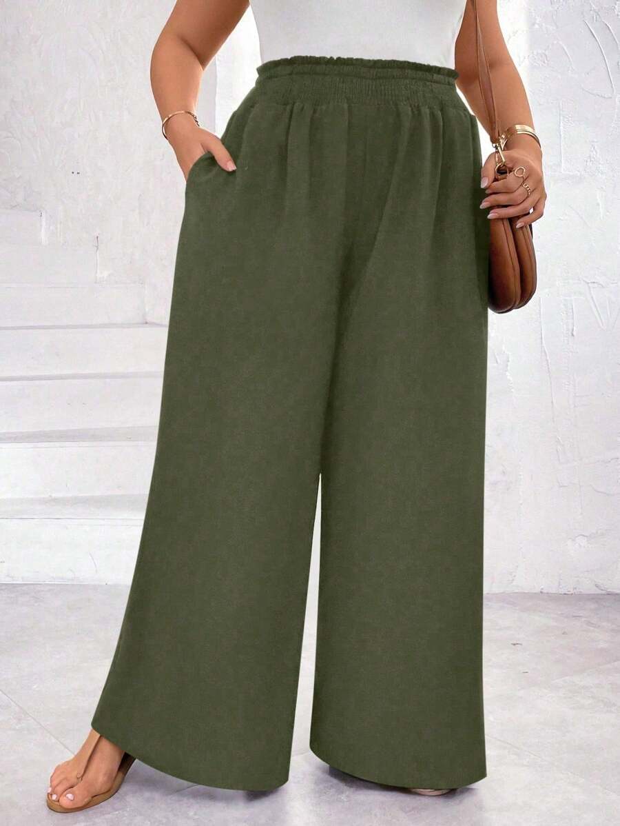 Flirla Plus Size Women Solid Color Simple And Concise Pleated Design Wide Leg Pants - Army Green - View 1