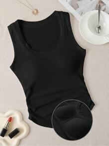 Comfortcana 女式无胸垫修身纯色休闲背心 - 黑色 - 查看 8