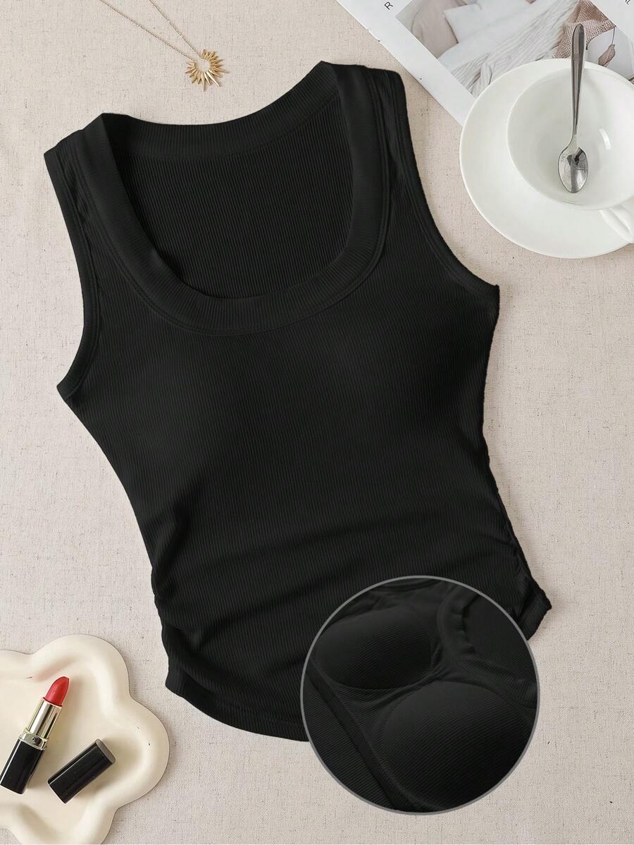SHEIN EZwear Plus Size Women's Casual Solid Color Padded Summer Top - Black - View 1