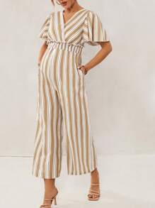 SHEIN Maternity Deep V-Neck Long Flare Sleeves Full-Length Bodycon Jumpsuit With  Romantic Elegance, Suitable For Work Commute - Black - View 4