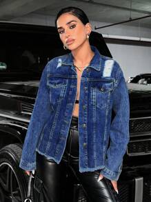 SHEIN PETITE Ripped Raw Cut Drop Shoulder Denim Jacket - Baby Blue - View 4
