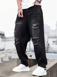 Manfinity EMRG Vaqueros rasgados y lavados de moda casual para hombres de ajuste holgado