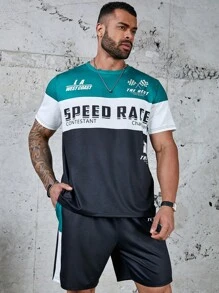 Manfinity LEGND Men's Plus Size Letter Printed Color Block T-Shirt And Shorts Set - Green - View 5