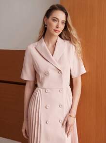 MOTF PREMIUM 實色尖領雙排扣襟褶皺拼接連衣裙