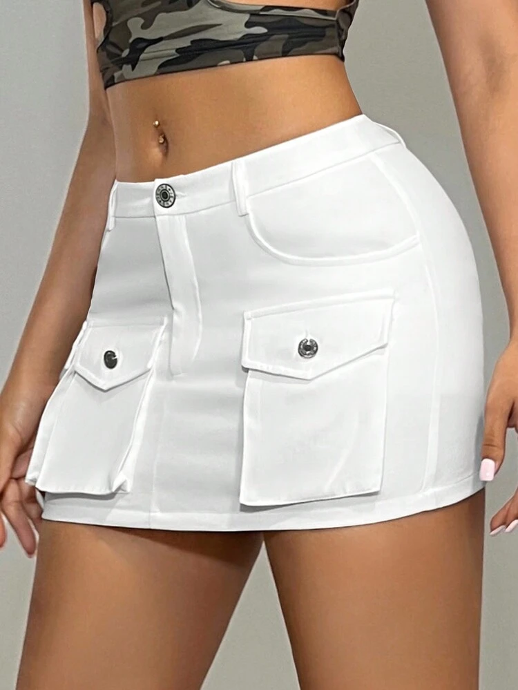 Women's Y2k Summer Casual Festival Slim Fit Mini Low Rise Workwear Mini White Skirt With Pockets