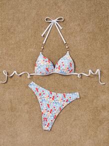 SHEIN Swim 2 szt. Zestaw bikini z usztywnianymi miseczkami i dekoltem typu halter z pełnym nadrukiem, wiązany na plecach w wakacyjnym stylu, letnia plaża - Wielokolorowe - Zobacz 7