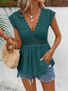 SHEIN Frenchy Camiseta de manga corta con cuello en V y unicolor para mujer, perfecta para atuendos de vacaciones en primavera y verano