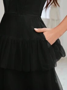 SHEIN Belle Women Heavy Industry Bone Detailing Ruched Bust Layered Mesh Cake Dress Formal Ball Gown For Women For Formal Dinner Party