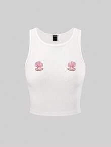 SHEIN EZwear Top de depósito blanco de verano de impresión de perlas de conchas para mujer - Blanco - Ver 3
