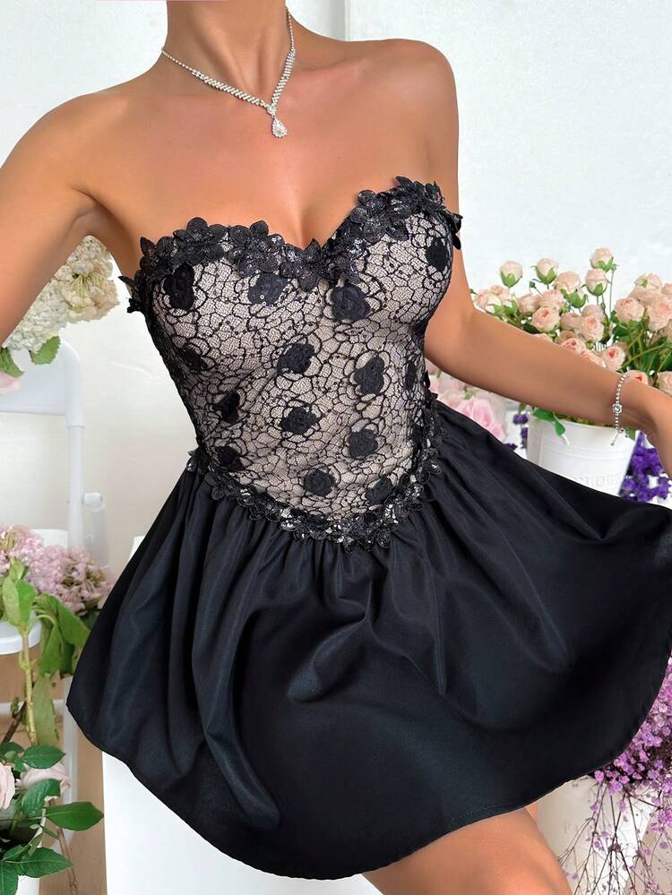 Color Blocking Mesh Flower Embroidery Strapless Concert Outfits Dress With Leaf Hem For Summer