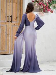 YISIKADO Women Evening Party Dress With Lantern Sleeves, Sequins, V-Neck, Open Back, Ombre Color And High Slit Elegant Long Sleeve Formal Prom Wedding Guest Gown, For Graduation, Dinner