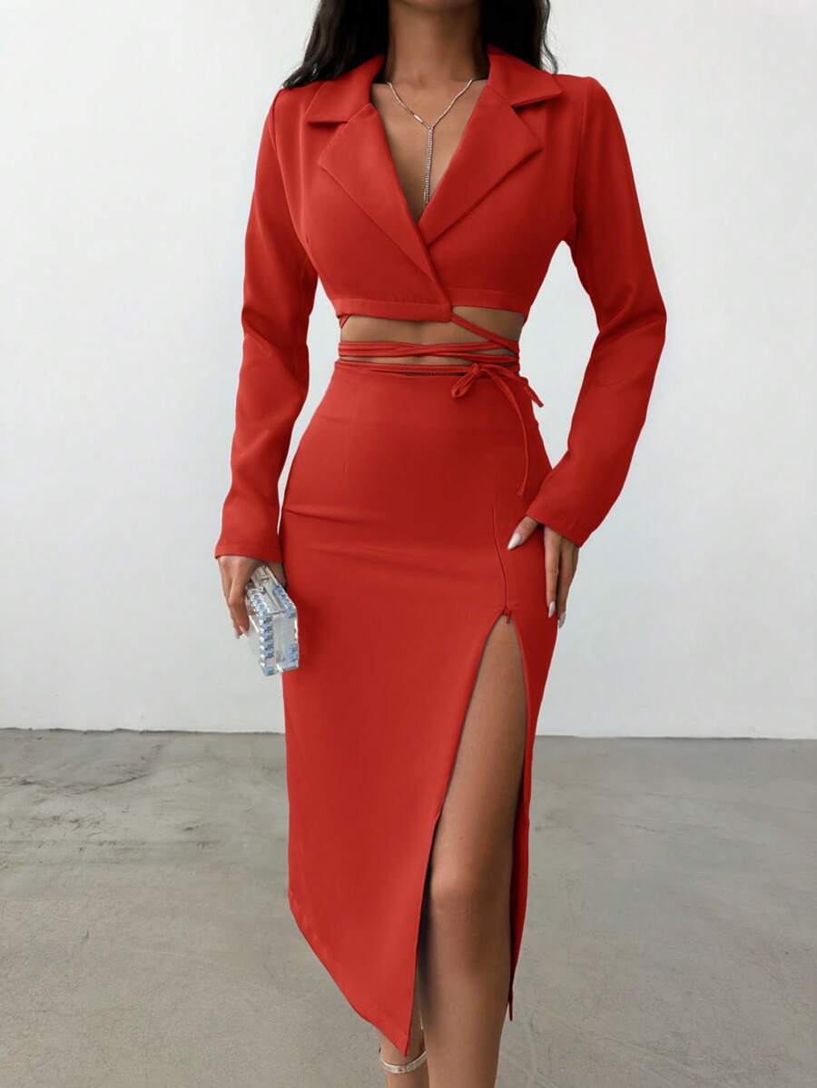 EURMUSE Peak Lapel Lace Up High Slit Suit Set - Red - View 1