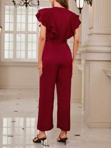 SHEIN Privé Macacão vermelho vinho elegante e versátil com gola de babados em camadas, cinto na cintura e corte amplo para pernas, para uso diário ou de escritório para mulheres - Borgonha - Ver 3