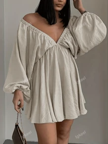Plus Size Spring/Autumn Deep V-Neck Batwing Sleeve Solid Color Minimalist Dress