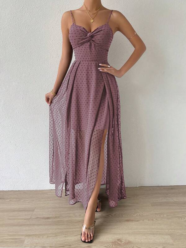 SHEIN Belle Summer Solid Color Spaghetti Strap Sleeveless Twist Knot Design High Slit Thigh Length Cami Dress