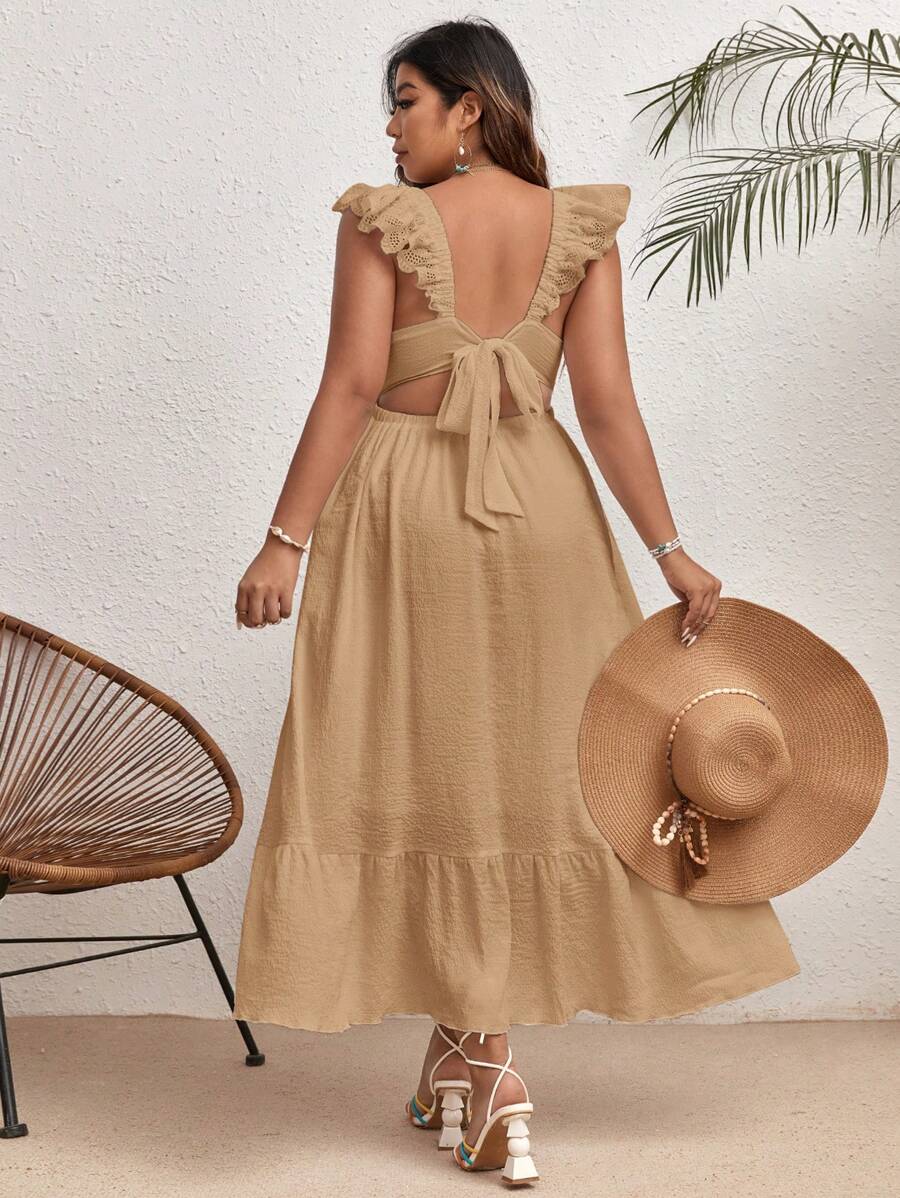SHEIN VCAY Plus Size Women's Fashion Solid Color Ruffled Sleeve Dress - Khaki - View 1