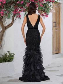 YISIKADO Formelles Abendkleid Für Damen, Elegantes Und Luxuriöses Ärmelloses Paillettenkleid Aus Europäischem Tüll Mit V-ausschnitt Und Fischschwanzsaum Für Ballpartys