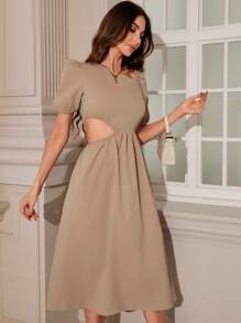 Aveloria Elegant Asymmetrical Collar Puff Sleeve Short Sleeve Waist CutoutUmbrella-Shaped Hem Midi Dress For Women, Office Lady Dress