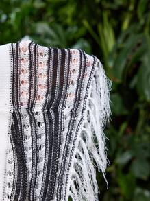 VaVaBold Mujeres de vacaciones, ocio, parte superior tejida a rayas con huecos y dobladillo de borlas con contraste de colores