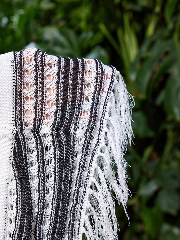 Women Vacation Leisure Striped Hollow Out Knit Top With Fringe Hem And Color Contrast