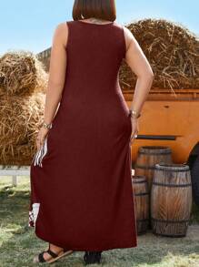 EMERY ROSE 大尺碼圓領印花無袖連衣裙 - 酒紅色 - 查看 2