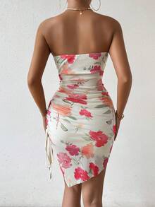 SHEIN Privé Women Floral Print Pleated Strapless Dress - Apricot - View 3