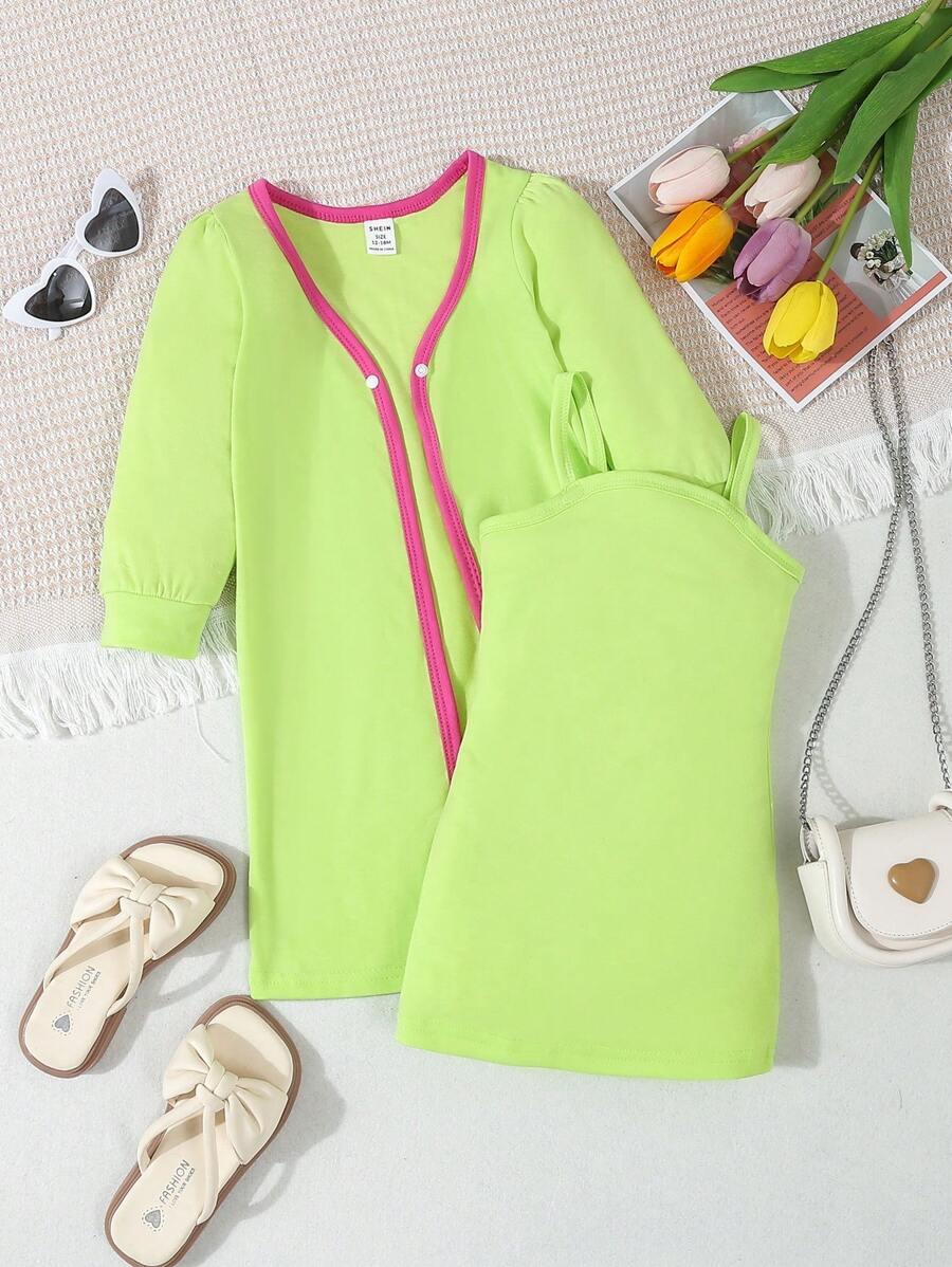 春夏款彩色螢光肩帶連身裙搭配長袖外套的嬰女裝