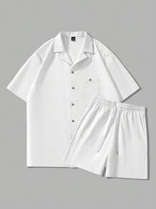 Manfinity Homme 男士夏季休閒純色短袖襯衫和短褲套裝