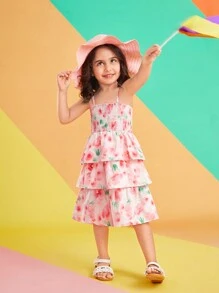 Young Girl Floral Printed Spaghetti Strap Dress - Pink - View 3