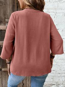 Weeklong Plus Size V-Neck Color Block Lace Patchwork 3/4 Sleeve Button Down Casual Shirt With Waist Tie For Outdoor Trip