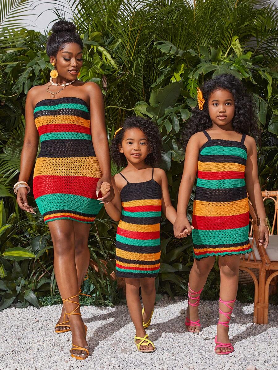Tween Girl Cool And Knitted Color-Blocked Crochet Cami Dress, Spring/Summer Mommy And Me Matching Outfits (3 Pieces Sold Separately) - Multicolor - View 1