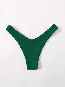 SHEIN Swim 夏季海灘純色V字腰游泳比基尼褲，適用於度假泳池 - 墨綠色 - 查看 2