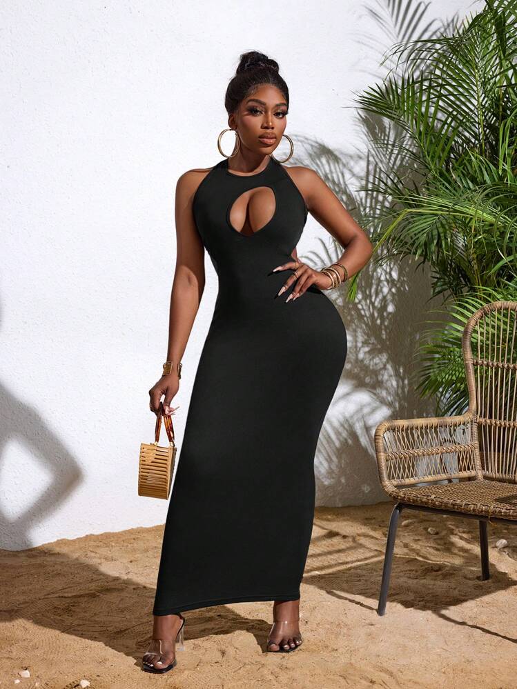 SHEIN Slayr Vestido largo para mujer con cuello halter asimétrico, espalda descubierta y nudo - Negro - Ver 1