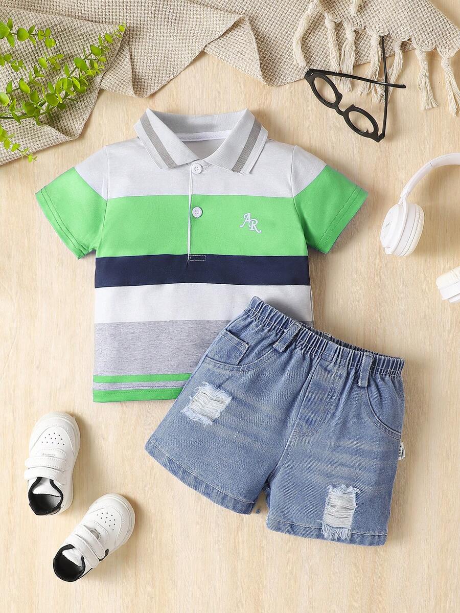 Conjunto de camisa polo de manga curta listrada e combinada com bloco de cores impresso e shorts Denim rasgado sólido para bebês meninos de verão - Multicolorido - Visão 1