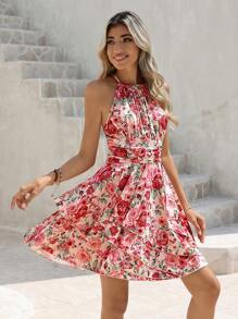SHEIN VCAY Women Sleeveless Halter Neck Floral Pattern Vacation Style Dress - Multicolor - View 6