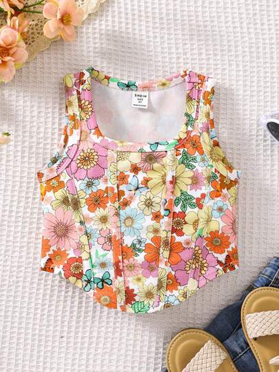 SHEIN Young Girl Knitted Floral Print Round Neck Asymmetrical Hem Loose-Fitting Casual Tank Top