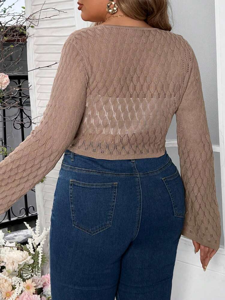 Plus Size Women Solid Color Long Sleeve Waist Tie Cropped Casual Cardigan For Spring/Summer