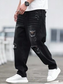 Manfinity EMRG Vaqueros rasgados y lavados de moda casual para hombres de ajuste holgado