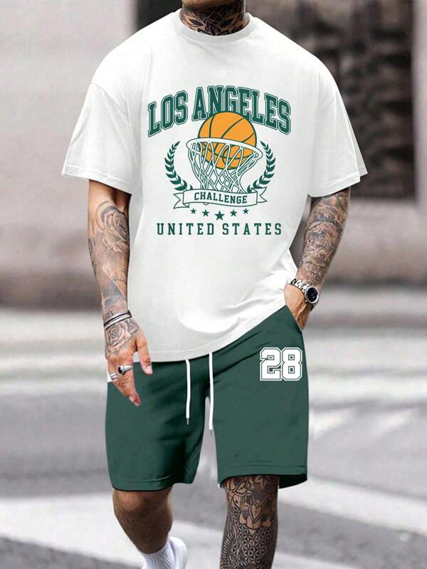Manfinity LEGND Men's Fitted Basketball League Creative Printed Short Sleeve Suit