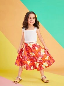 SHEIN Young Girl White Short Fashion Top With Ruffled Sleeves And A-Line Midi Skirt, Perfect Outfit For Children Beach Vacation - Multicolor - View 4