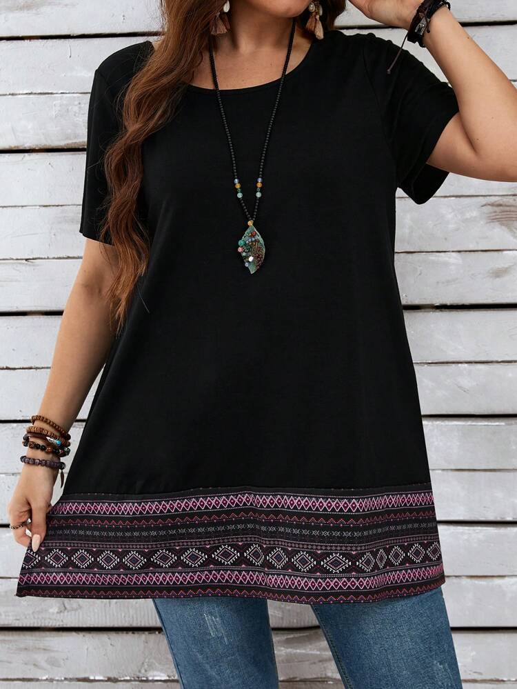 Summer Holiday Style Plus Size Women's Geometric Print Round Neck Short Sleeve Casual Vent Mom T-Shirt,Vacation/Spring