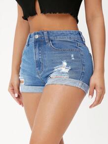 SHEIN PETITE Women Casual Denim Shorts With Pockets, Ripped Holes And Rolled Hem - Medium Wash - View 4