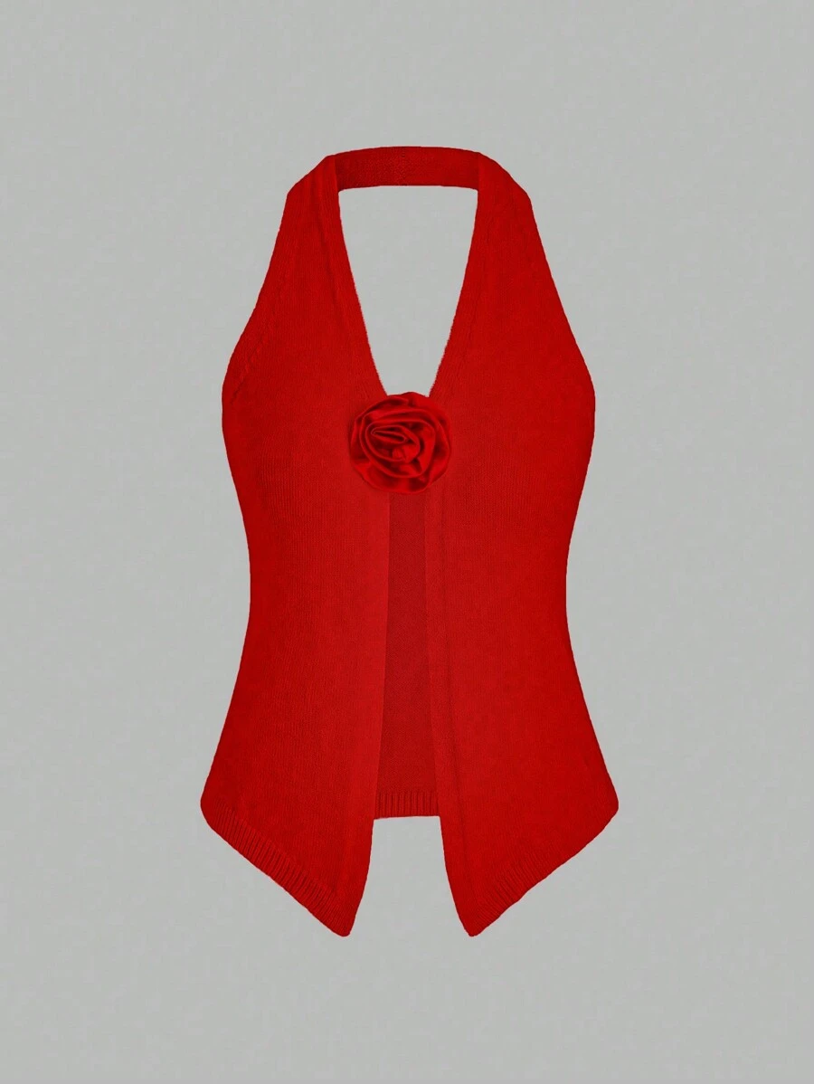 SHEIN Unity Women Solid Color Halter 3D Flower Decoration Sleeveless Knitted Top With Asymmetrical Hem - Red - View 1