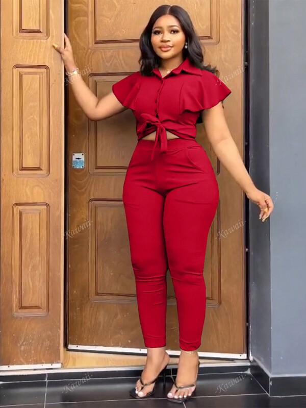 Fashionable Lapel Cardigan Shirt With Ruffled Sleeves And Elegant Lady Two-Piece Set With Pockets Slim Fit Long Pants Casual Sports Suit