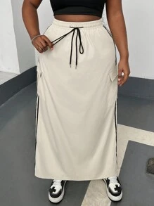 SHEIN EZwear Plus Size Women Drawstring Waist Side Stripe Utility Pocket Long Casual Skirt