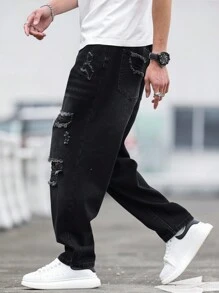 Manfinity EMRG Vaqueros rasgados y lavados de moda casual para hombres de ajuste holgado