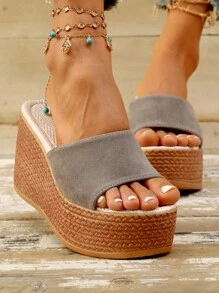 Sandalias de tacón alto y punta abierta para mujer en gris para el verano con suelas de cuña de poliuretano