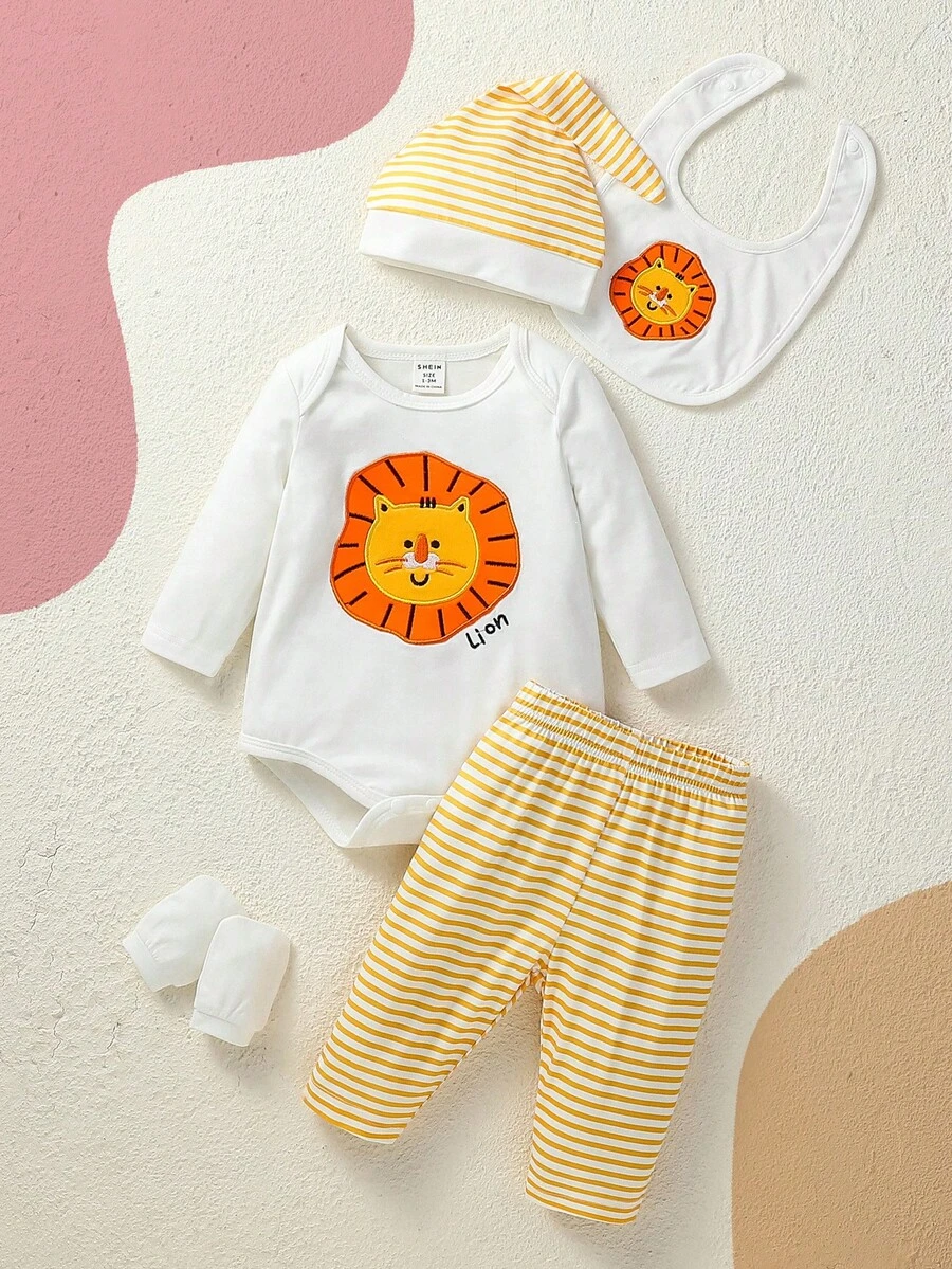 Conjunto De Body De Manga Larga Con Estampado De Dibujos Animados Para Bebé Niño Y Pantalón Con Cintura Elástica A Rayas - Multicolor - Ver 1